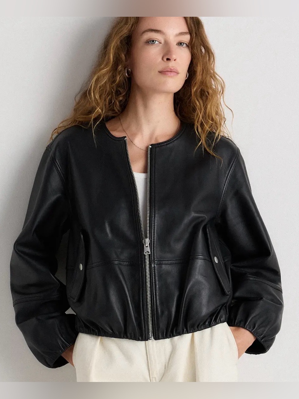 Quince Leather Collarless Bubble Hem Jacket, Small, Nwt